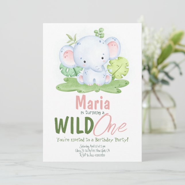 Wild One Elephant Safari Birthday Invitation  (Standing Front)