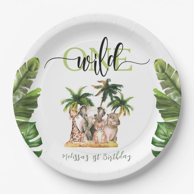 Wild One First  1st Safari Animals Birthday Party Paper Plates (Front)