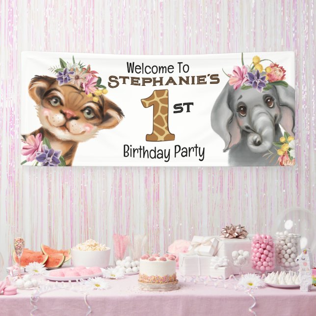 Wild one first 1st tiger elephant safari birthday banner (Party)