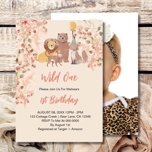 Wild One First Birthday Boho Safari Pink Blush Invitation