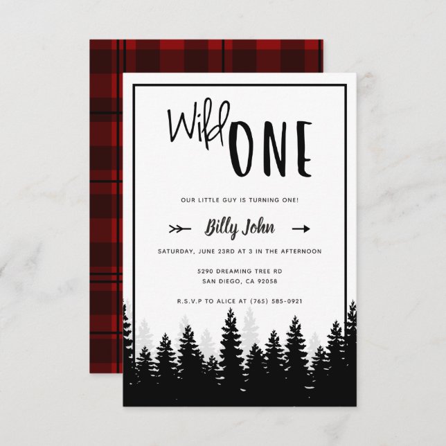 Wild One First Birthday Boy Modern Forest Simple Invitation (Front/Back)