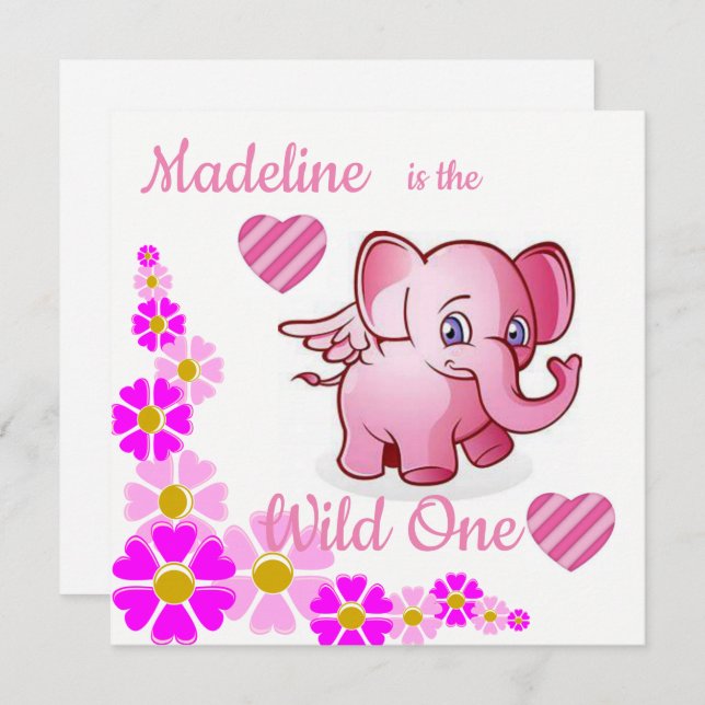 Wild One First Birthday Card Invitation Elephant (Front/Back)