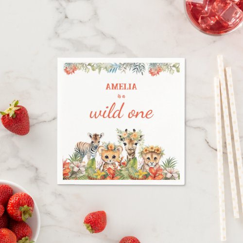 Wild One First Birthday Girl Safari Jungle Animals Napkins