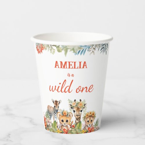 Wild One First Birthday Girl Safari Jungle Animals Paper Cups