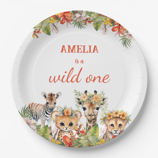Wild One First Birthday Girl Safari Jungle Animals Paper Plates (Front)