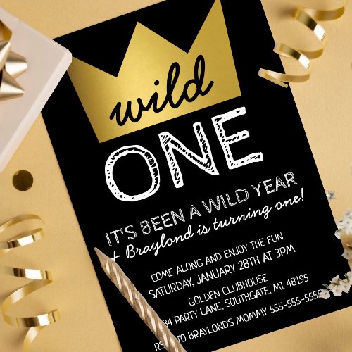 Wild One First Birthday Invitation Gold Crown