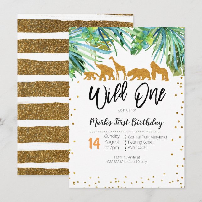 Wild One First Birthday Invitation Safari leaves (Front/Back)