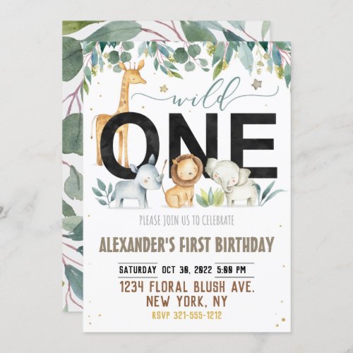 Wild One First Birthday Jungle Animals Birthday Invitation