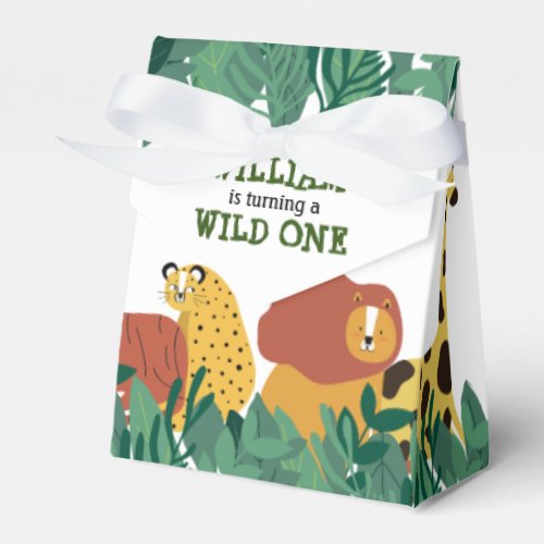 Wild One First Birthday Jungle Safari Animals Fun Favor Box - Featuring cute wild safari animals in a jungle, this fun first birthday favor box can be personalized with the birthday boy or girl's name. Designed by Thisisnotme©