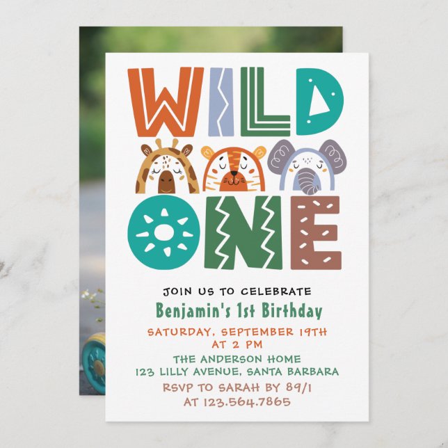Wild One First Birthday Photo Invitation (Front/Back)