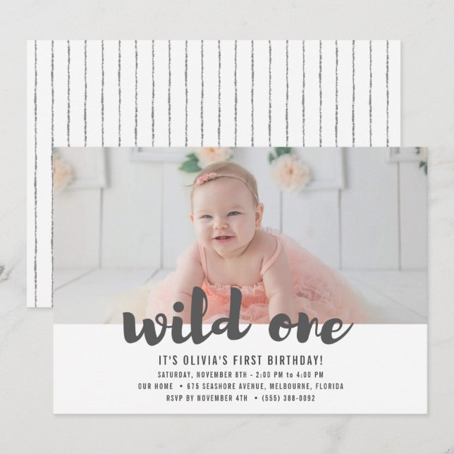 Wild One First Birthday Photo Party Invitation (Front/Back)