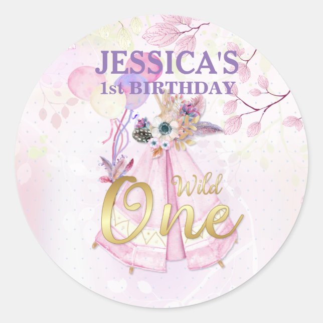 Wild One First Birthday Pink TeePee Boho Classic Round Sticker (Front)