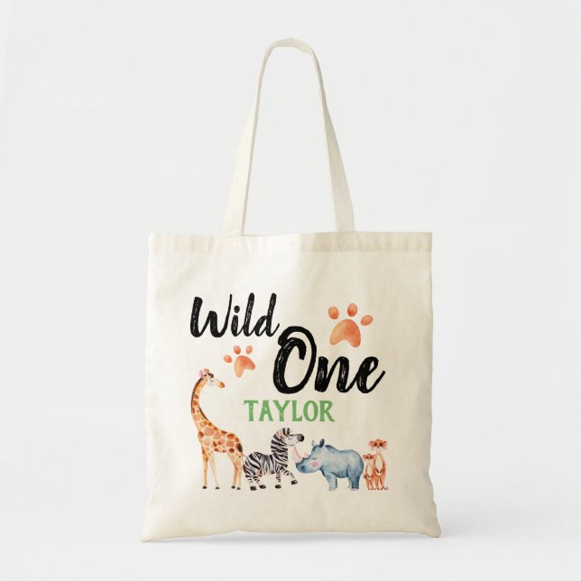 Wild One First Birthday Safari Animal Kids Tote Bag (Front)