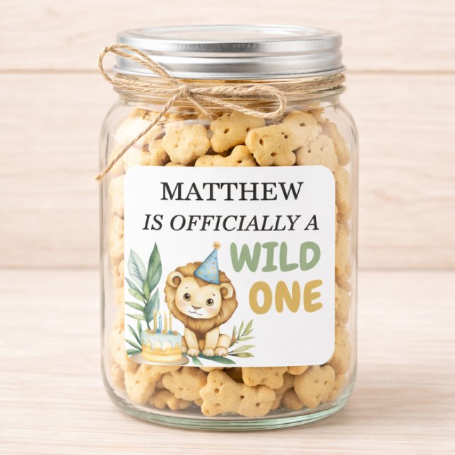 Wild One First Birthday Safari Lion Square Sticker (Wild one lion 1st birthday sticker)