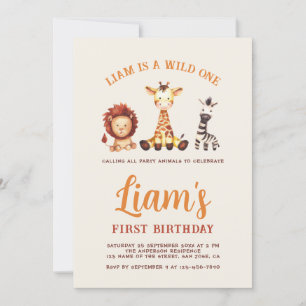 Wild One First Birthday Watercolor Safari Animals Invitation