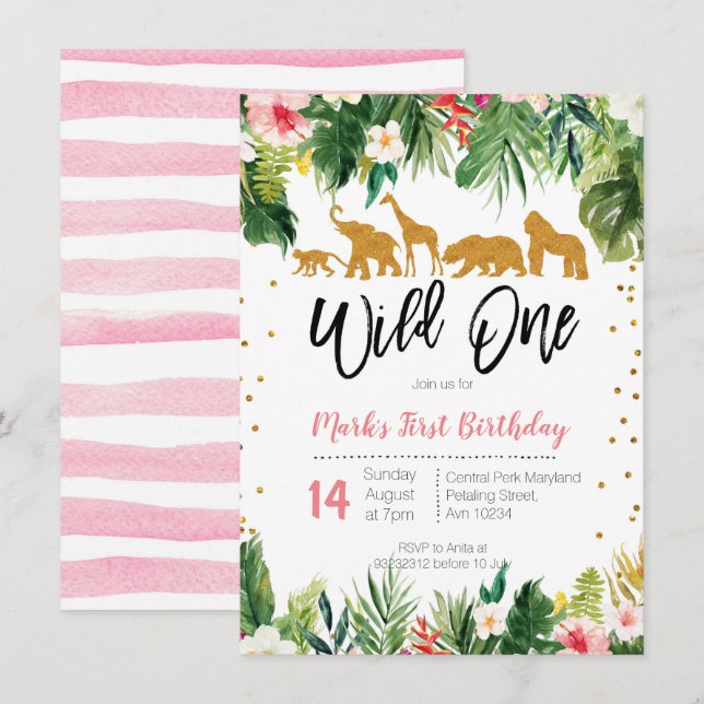 Wild One Floral Birthday Invitation Jungle Animals (Front/Back)