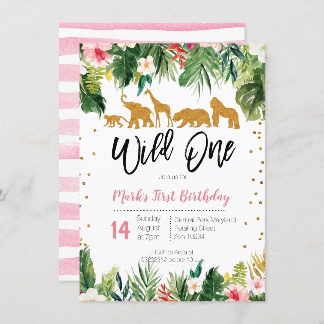 Wild One Floral Birthday Invitation Jungle Animals | Zazzle