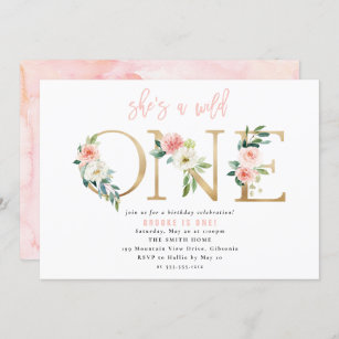 Blush Floral Wreath Pink Gold Confetti Glitter Party Invite Boho Wild One Girls Birthday FLO18A Pink and Gold First 1st Birthday Invitation