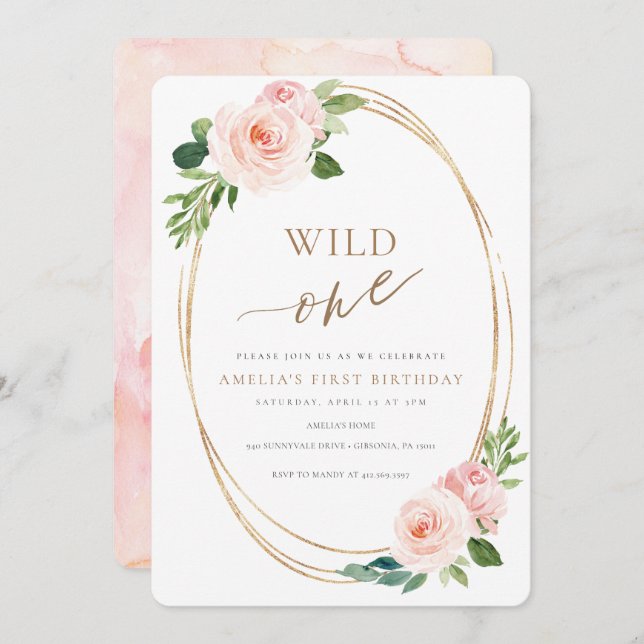 Wild One Floral First Birthday Invitation Girl (Front/Back)