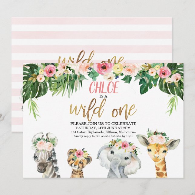 Wild One Floral Foliage Safari Animals Birthday Invitation (Front/Back)