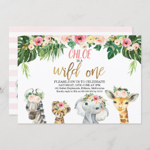 Wild One Floral Foliage Safari Animals Birthday Invitation