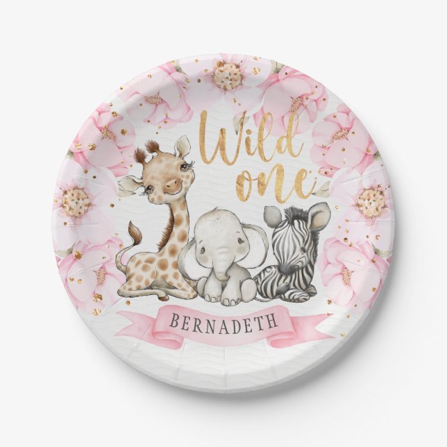 Wild One Floral Peony Safari 1st Birthday Paper Plates (Front)