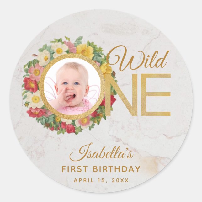 Wild One Floral Photo Rose Wreath First Birthday Classic Round Sticker (Front)