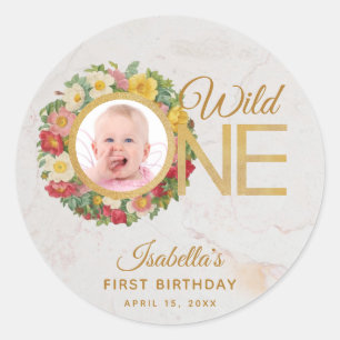 Wild One Floral Photo Rose Wreath First Birthday Classic Round Sticker