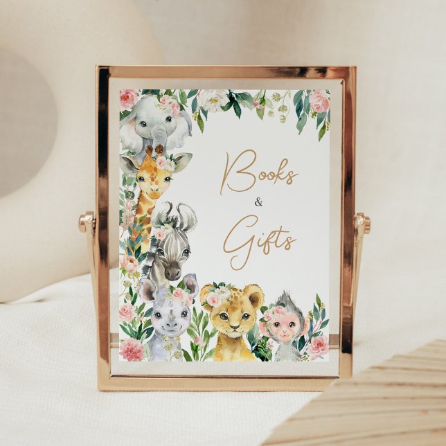Wild One Floral Safari Baby Shower Books and Gifts Poster (Greenery Floral Wild One Baby Shower Books and Gifts Sign)