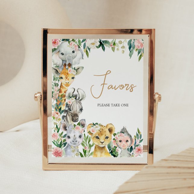 Wild One Floral Safari Baby Shower Favors Poster (Greenery Floral Wild One Baby Shower Favors Sign)