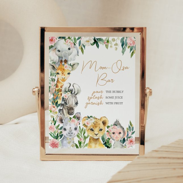 Wild One Floral Safari Baby Shower Mom Osa Bar Poster (Greenery Floral Wild One Baby Shower Mom Osa Bar Sign)