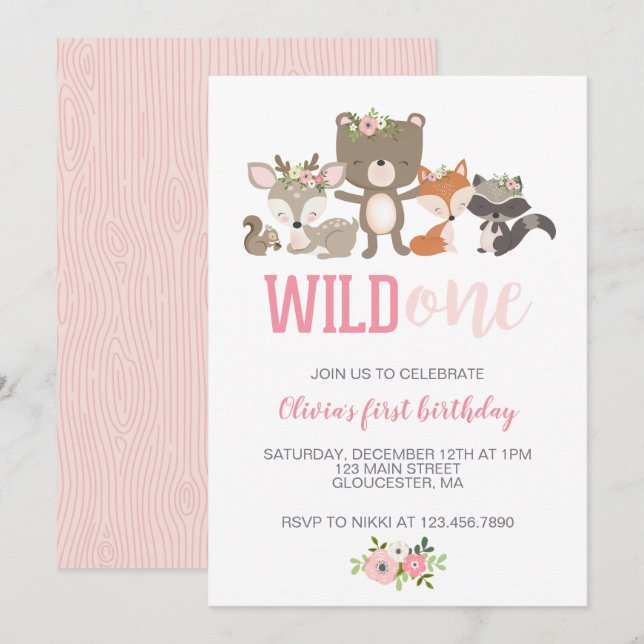 Wild One Floral Woodland Animal First Birthday Inv Invitation (Front/Back)