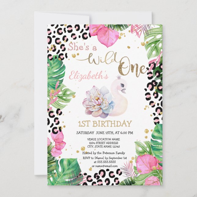 Wild One,Flower Swan Leaves First Birthday  Invitation (Front)