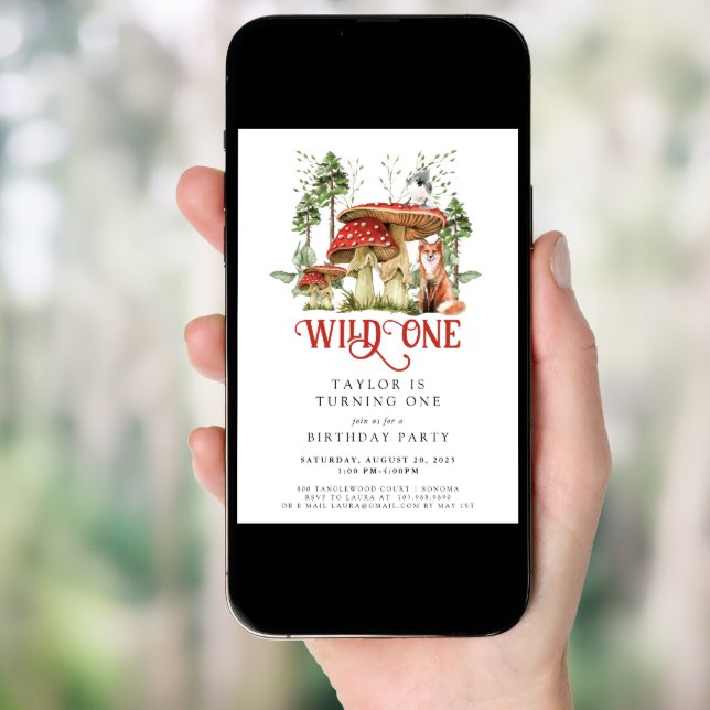 Wild One Forest Animals Mushrooms 1st Birthday Invitation (Front Digital)