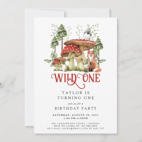 Wild One Forest Animals Mushrooms 1st Birthday Invitation