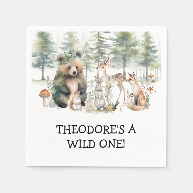 Wild One Forest Bear Deer Woodland Birthday Party Napkins (Front)