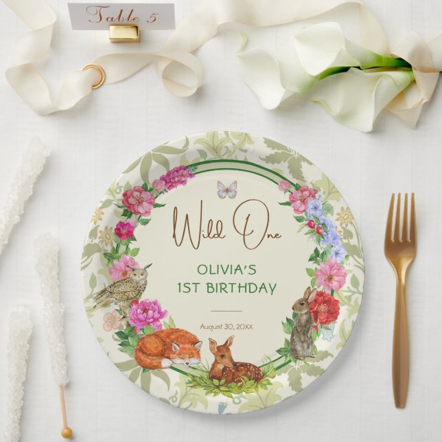 Wild One Forest Friends Floral Birthday Paper Plates (Wedding)