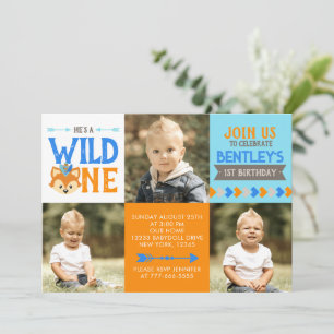 Wild One Fox 3 Photo First Birthday Invitation