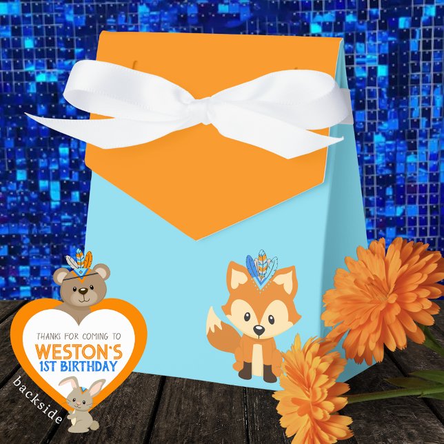 Wild One Fox Baby Blue & Orange Treat Favor Boxes (One Happy Camper Wild One Forest Fox Favor Boxes in Baby Blue and Orange. Personalized Backside.)