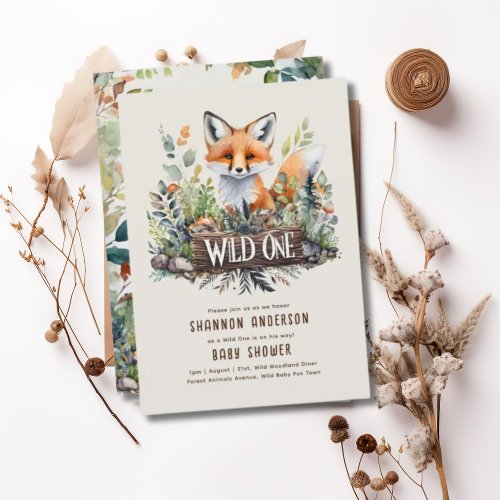 Wild One Fox Baby Woodland Animals Rustic Invitation
