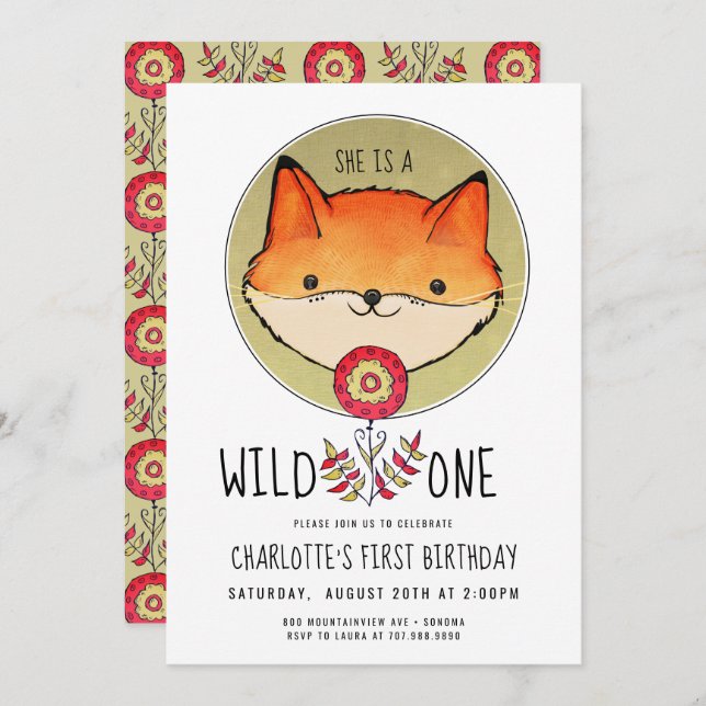 Wild One Fox First Birthday Invitation (Front/Back)