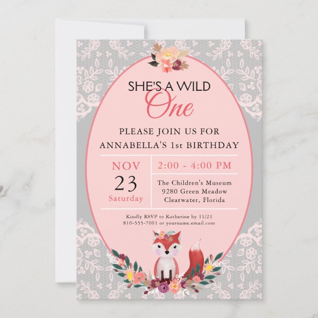 Wild ONE Fox Flowers & Lace Birthday Invitation (Front)
