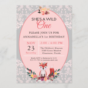 Wild ONE Fox Flowers & Lace Birthday Invitation