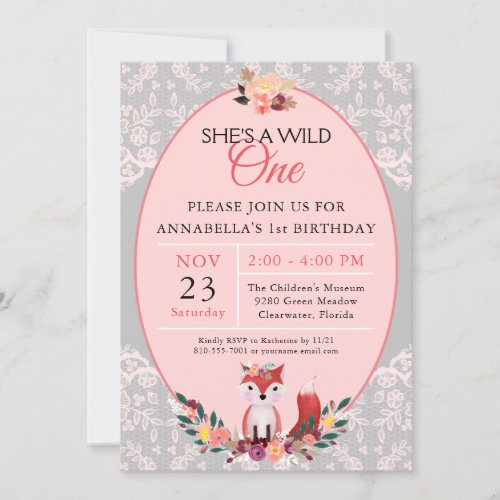 Wild ONE Fox Flowers  Lace Birthday Invitation