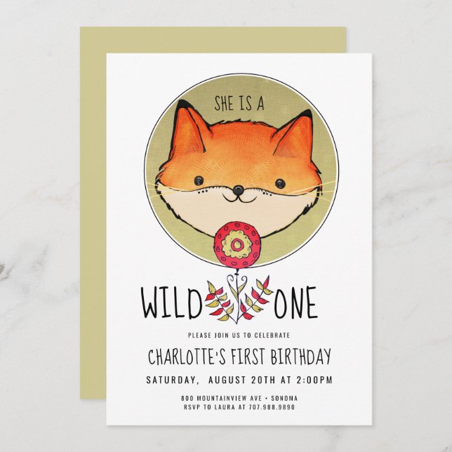 Wild One Fox Girl's 1st Birthday Invitation (Front/Back)