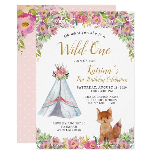 Wild One Fox Tribal Floral 1st Birthday Invitation