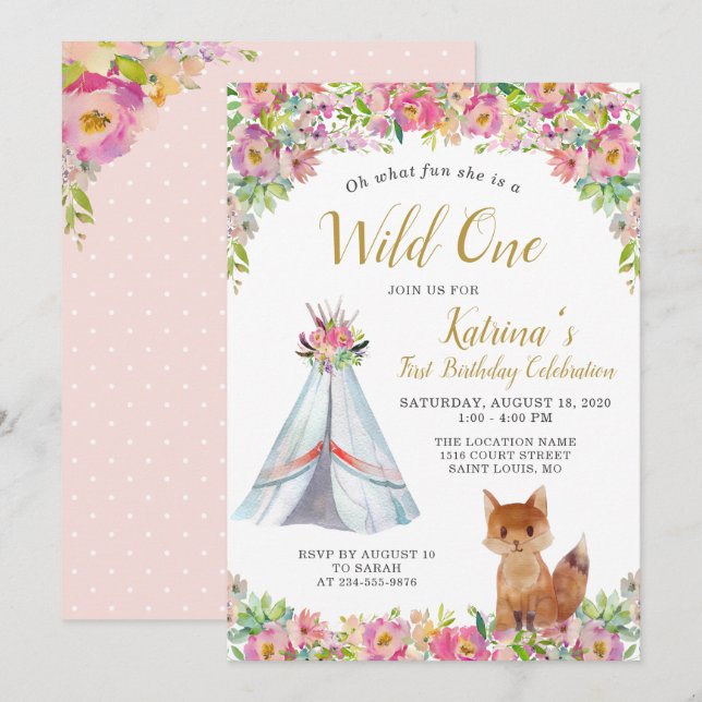 Wild One Fox Tribal Floral 1st Birthday Invitation (Front/Back)