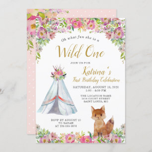 Wild One Fox Tribal Floral 1st Birthday Invitation