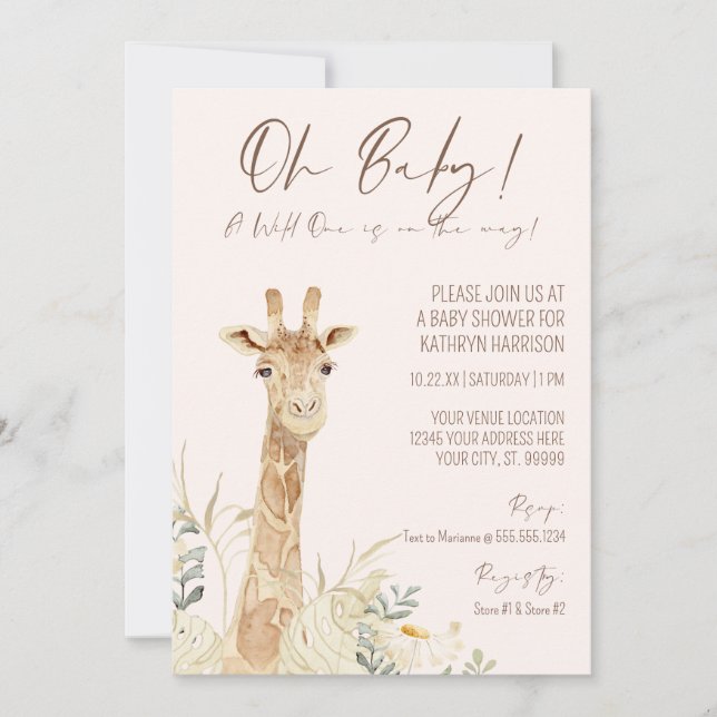 Wild One Giraffe Blush Floral Gender Neutral Baby  Invitation (Front)