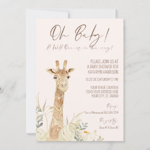 Wild One Giraffe Blush Floral Gender Neutral Baby Invitation